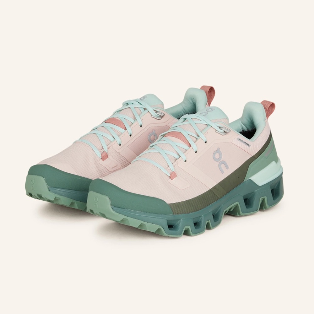 On Running Women's Pink Mint and Sage Green Cloudventure Waterproof Sneakers